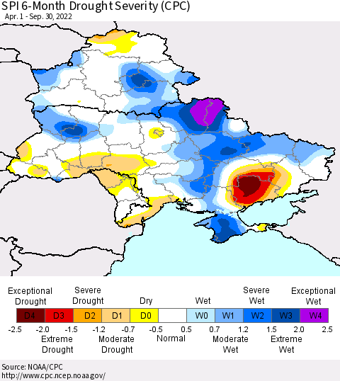 Ukraine, Moldova and Belarus SPI 6-Month Drought Severity (CPC) Thematic Map For 4/1/2022 - 9/30/2022