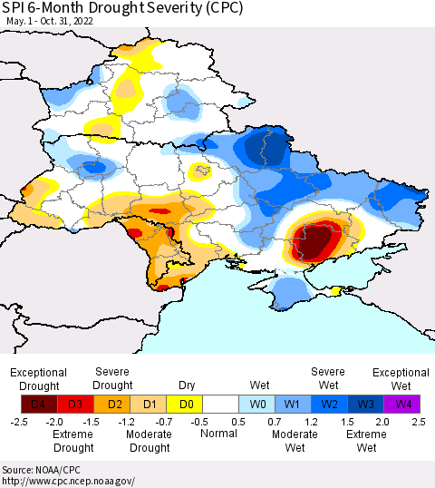 Ukraine, Moldova and Belarus SPI 6-Month Drought Severity (CPC) Thematic Map For 5/1/2022 - 10/31/2022