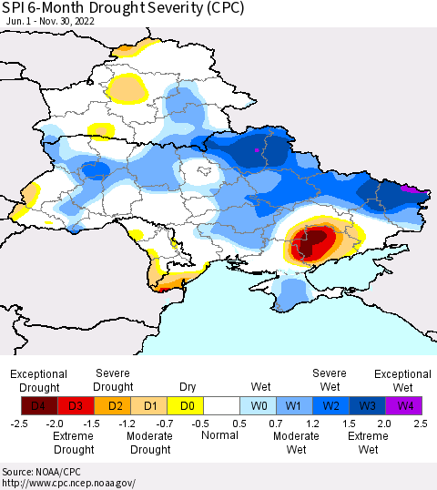 Ukraine, Moldova and Belarus SPI 6-Month Drought Severity (CPC) Thematic Map For 6/1/2022 - 11/30/2022