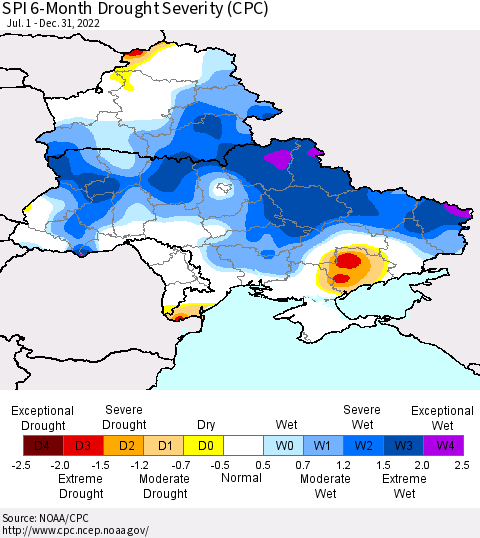 Ukraine, Moldova and Belarus SPI 6-Month Drought Severity (CPC) Thematic Map For 7/1/2022 - 12/31/2022