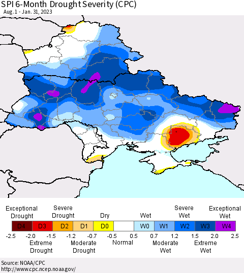 Ukraine, Moldova and Belarus SPI 6-Month Drought Severity (CPC) Thematic Map For 8/1/2022 - 1/31/2023
