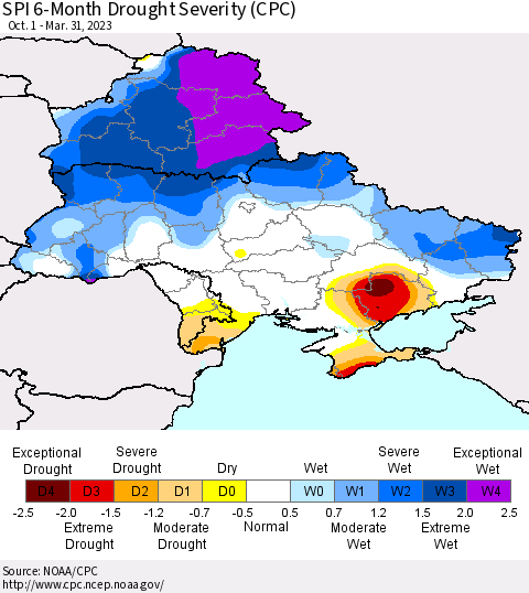 Ukraine, Moldova and Belarus SPI 6-Month Drought Severity (CPC) Thematic Map For 10/1/2022 - 3/31/2023