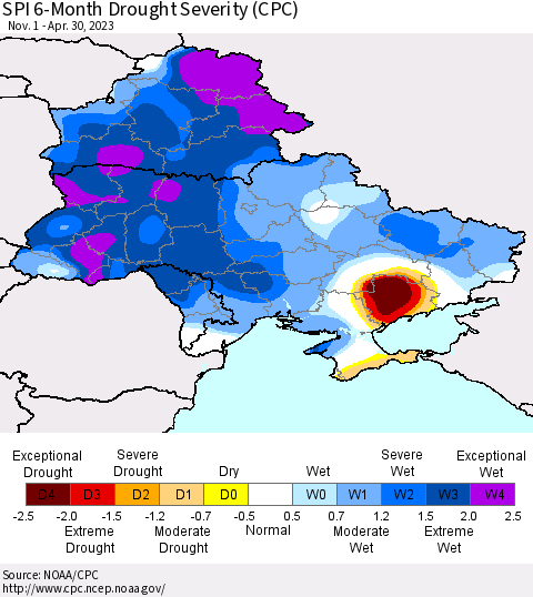 Ukraine, Moldova and Belarus SPI 6-Month Drought Severity (CPC) Thematic Map For 11/1/2022 - 4/30/2023