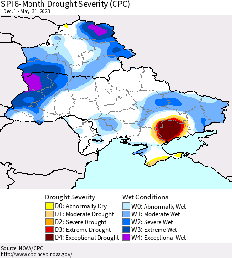 Ukraine, Moldova and Belarus SPI 6-Month Drought Severity (CPC) Thematic Map For 12/1/2022 - 5/31/2023