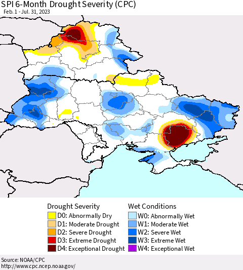 Ukraine, Moldova and Belarus SPI 6-Month Drought Severity (CPC) Thematic Map For 2/1/2023 - 7/31/2023