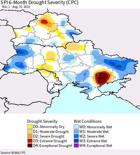 Ukraine, Moldova and Belarus SPI 6-Month Drought Severity (CPC) Thematic Map For 3/1/2023 - 8/31/2023