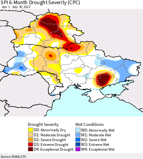 Ukraine, Moldova and Belarus SPI 6-Month Drought Severity (CPC) Thematic Map For 4/1/2023 - 9/30/2023