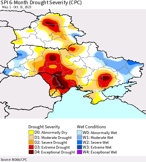 Ukraine, Moldova and Belarus SPI 6-Month Drought Severity (CPC) Thematic Map For 5/1/2023 - 10/31/2023