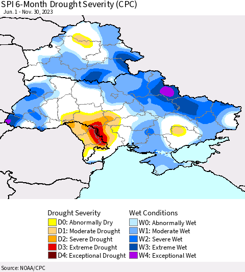 Ukraine, Moldova and Belarus SPI 6-Month Drought Severity (CPC) Thematic Map For 6/1/2023 - 11/30/2023