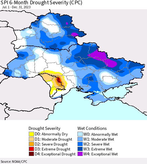 Ukraine, Moldova and Belarus SPI 6-Month Drought Severity (CPC) Thematic Map For 7/1/2023 - 12/31/2023