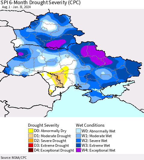 Ukraine, Moldova and Belarus SPI 6-Month Drought Severity (CPC) Thematic Map For 8/1/2023 - 1/31/2024