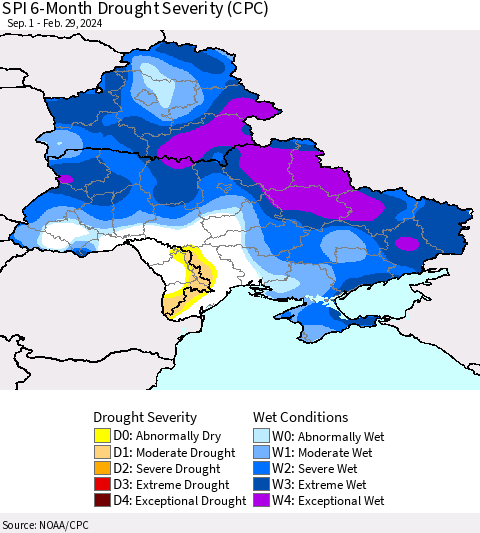 Ukraine, Moldova and Belarus SPI 6-Month Drought Severity (CPC) Thematic Map For 9/1/2023 - 2/29/2024