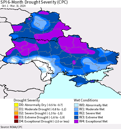 Ukraine, Moldova and Belarus SPI 6-Month Drought Severity (CPC) Thematic Map For 10/1/2023 - 3/31/2024