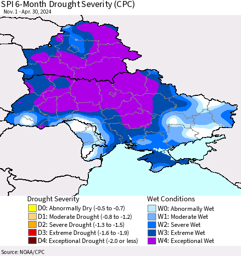 Ukraine, Moldova and Belarus SPI 6-Month Drought Severity (CPC) Thematic Map For 11/1/2023 - 4/30/2024