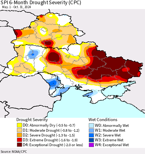 Ukraine, Moldova and Belarus SPI 6-Month Drought Severity (CPC) Thematic Map For 5/1/2024 - 10/31/2024