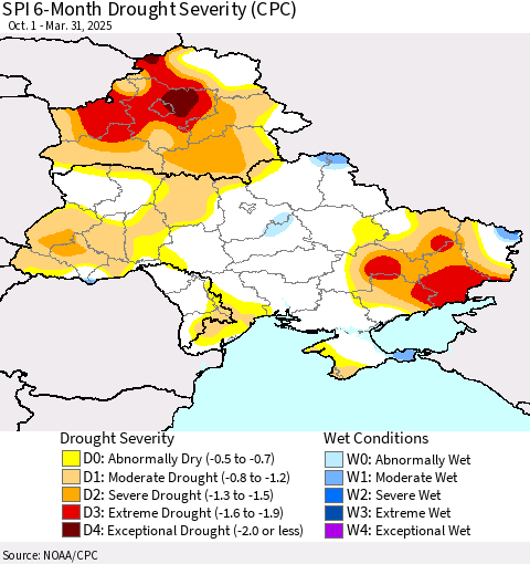 Ukraine, Moldova and Belarus SPI 6-Month Drought Severity (CPC) Thematic Map For 10/1/2024 - 3/31/2025