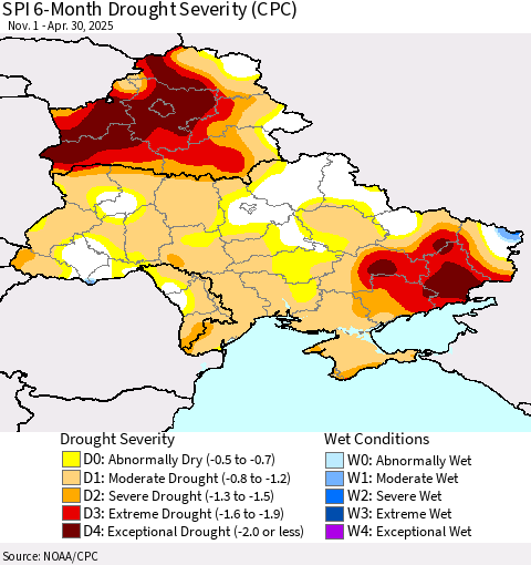 Ukraine, Moldova and Belarus SPI 6-Month Drought Severity (CPC) Thematic Map For 11/1/2024 - 4/30/2025