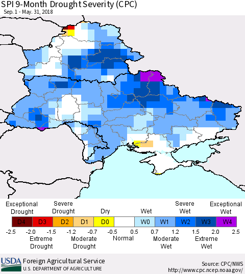 Ukraine, Moldova and Belarus SPI 9-Month Drought Severity (CPC) Thematic Map For 9/1/2017 - 5/31/2018