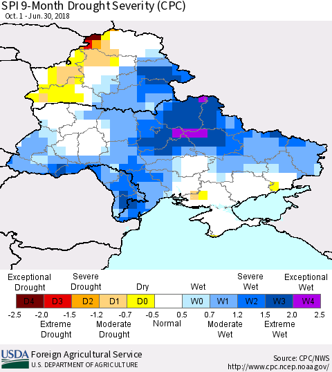 Ukraine, Moldova and Belarus SPI 9-Month Drought Severity (CPC) Thematic Map For 10/1/2017 - 6/30/2018