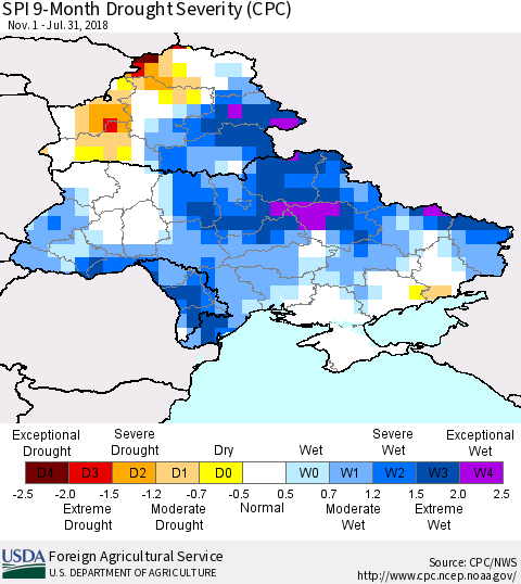 Ukraine, Moldova and Belarus SPI 9-Month Drought Severity (CPC) Thematic Map For 11/1/2017 - 7/31/2018