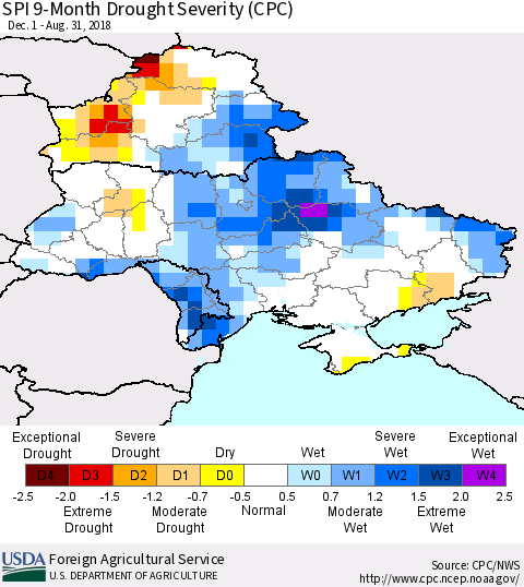 Ukraine, Moldova and Belarus SPI 9-Month Drought Severity (CPC) Thematic Map For 12/1/2017 - 8/31/2018