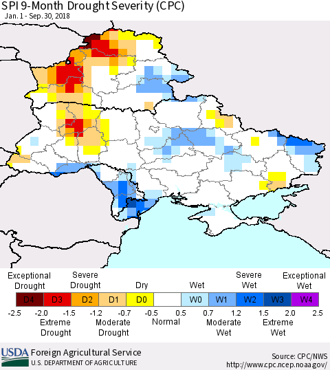 Ukraine, Moldova and Belarus SPI 9-Month Drought Severity (CPC) Thematic Map For 1/1/2018 - 9/30/2018