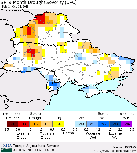 Ukraine, Moldova and Belarus SPI 9-Month Drought Severity (CPC) Thematic Map For 2/1/2018 - 10/31/2018