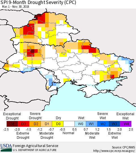 Ukraine, Moldova and Belarus SPI 9-Month Drought Severity (CPC) Thematic Map For 3/1/2018 - 11/30/2018