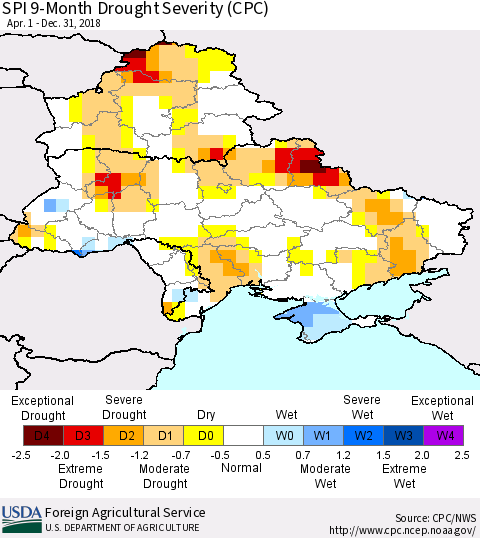 Ukraine, Moldova and Belarus SPI 9-Month Drought Severity (CPC) Thematic Map For 4/1/2018 - 12/31/2018