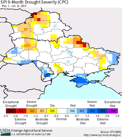 Ukraine, Moldova and Belarus SPI 9-Month Drought Severity (CPC) Thematic Map For 5/1/2018 - 1/31/2019