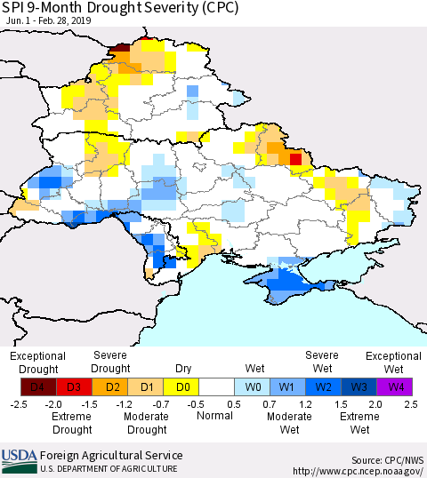 Ukraine, Moldova and Belarus SPI 9-Month Drought Severity (CPC) Thematic Map For 6/1/2018 - 2/28/2019