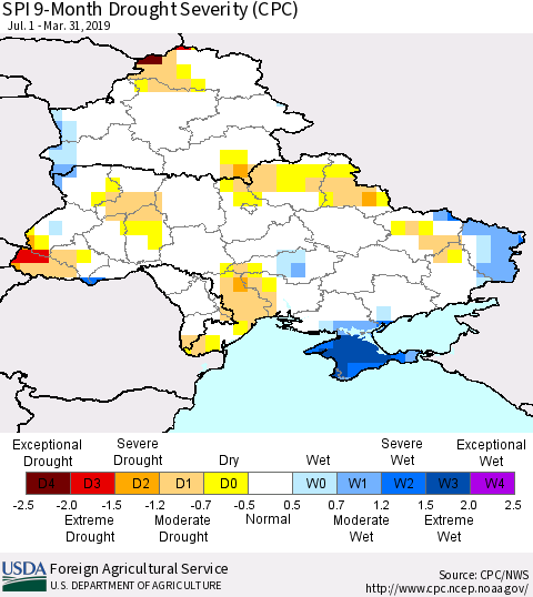 Ukraine, Moldova and Belarus SPI 9-Month Drought Severity (CPC) Thematic Map For 7/1/2018 - 3/31/2019