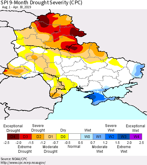 Ukraine, Moldova and Belarus SPI 9-Month Drought Severity (CPC) Thematic Map For 8/1/2018 - 4/30/2019