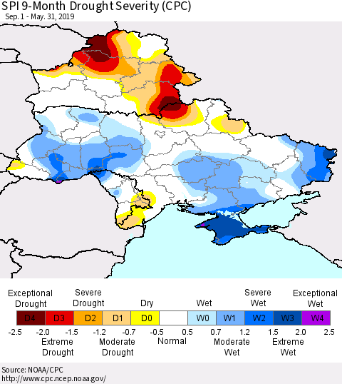 Ukraine, Moldova and Belarus SPI 9-Month Drought Severity (CPC) Thematic Map For 9/1/2018 - 5/31/2019