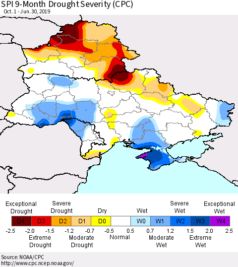 Ukraine, Moldova and Belarus SPI 9-Month Drought Severity (CPC) Thematic Map For 10/1/2018 - 6/30/2019