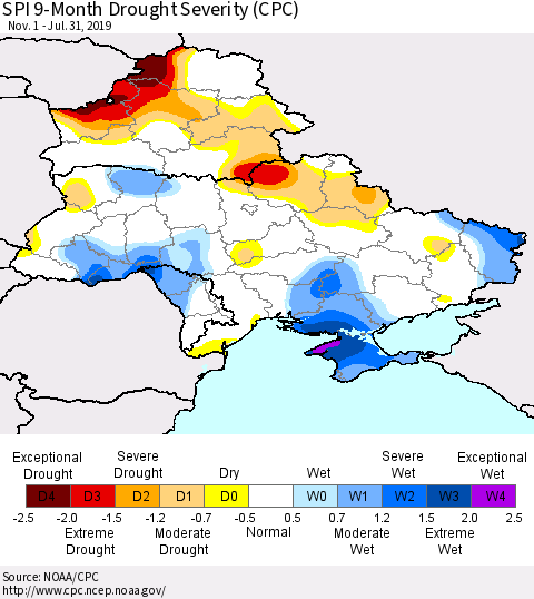 Ukraine, Moldova and Belarus SPI 9-Month Drought Severity (CPC) Thematic Map For 11/1/2018 - 7/31/2019