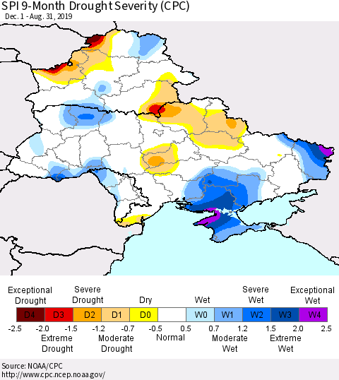 Ukraine, Moldova and Belarus SPI 9-Month Drought Severity (CPC) Thematic Map For 12/1/2018 - 8/31/2019