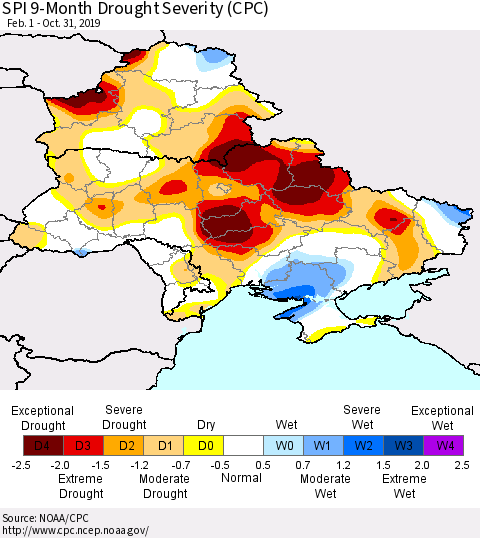 Ukraine, Moldova and Belarus SPI 9-Month Drought Severity (CPC) Thematic Map For 2/1/2019 - 10/31/2019