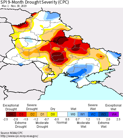 Ukraine, Moldova and Belarus SPI 9-Month Drought Severity (CPC) Thematic Map For 3/1/2019 - 11/30/2019