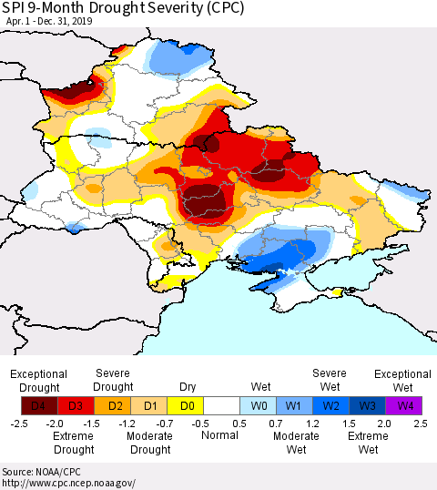 Ukraine, Moldova and Belarus SPI 9-Month Drought Severity (CPC) Thematic Map For 4/1/2019 - 12/31/2019