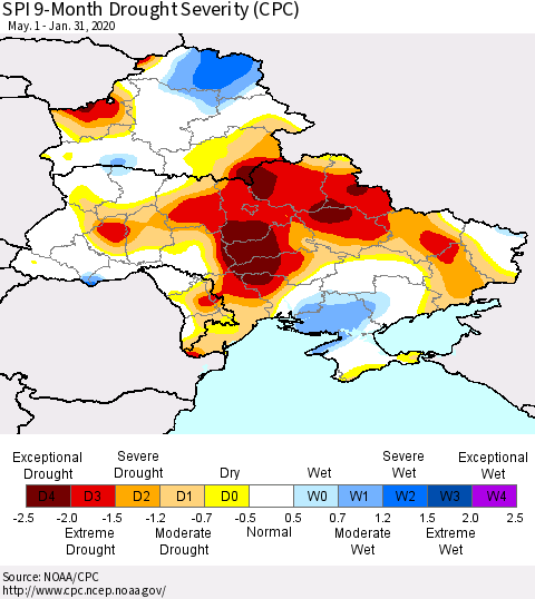 Ukraine, Moldova and Belarus SPI 9-Month Drought Severity (CPC) Thematic Map For 5/1/2019 - 1/31/2020