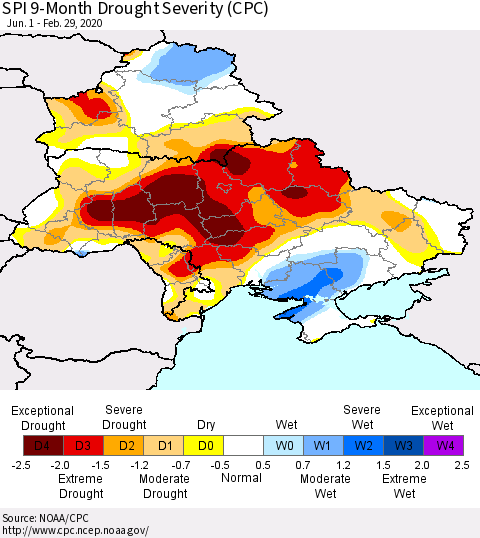 Ukraine, Moldova and Belarus SPI 9-Month Drought Severity (CPC) Thematic Map For 6/1/2019 - 2/29/2020
