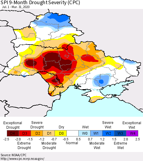 Ukraine, Moldova and Belarus SPI 9-Month Drought Severity (CPC) Thematic Map For 7/1/2019 - 3/31/2020