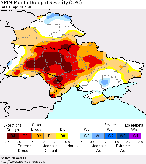 Ukraine, Moldova and Belarus SPI 9-Month Drought Severity (CPC) Thematic Map For 8/1/2019 - 4/30/2020