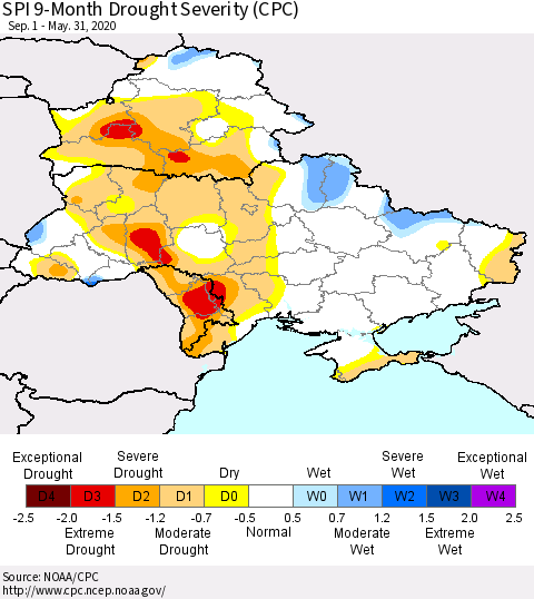 Ukraine, Moldova and Belarus SPI 9-Month Drought Severity (CPC) Thematic Map For 9/1/2019 - 5/31/2020