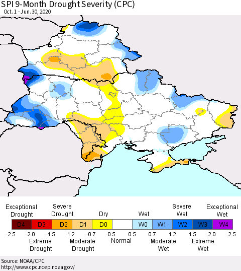 Ukraine, Moldova and Belarus SPI 9-Month Drought Severity (CPC) Thematic Map For 10/1/2019 - 6/30/2020