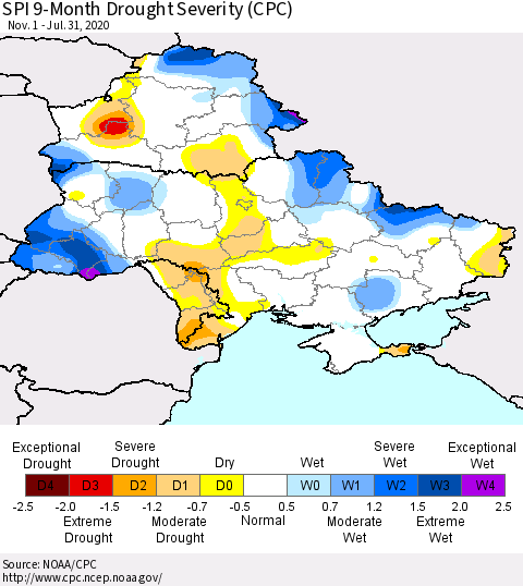Ukraine, Moldova and Belarus SPI 9-Month Drought Severity (CPC) Thematic Map For 11/1/2019 - 7/31/2020