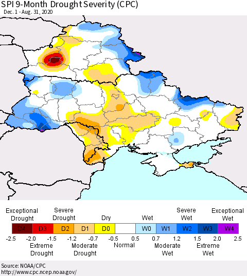Ukraine, Moldova and Belarus SPI 9-Month Drought Severity (CPC) Thematic Map For 12/1/2019 - 8/31/2020