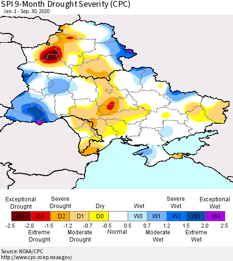 Ukraine, Moldova and Belarus SPI 9-Month Drought Severity (CPC) Thematic Map For 1/1/2020 - 9/30/2020