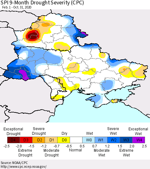Ukraine, Moldova and Belarus SPI 9-Month Drought Severity (CPC) Thematic Map For 2/1/2020 - 10/31/2020